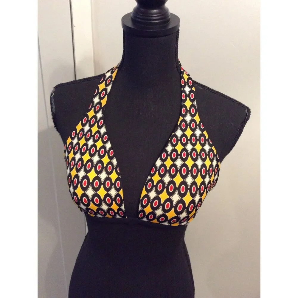 Victoria's Secret 36B Swimwear Top Red Black Yellow Print Halter Bikini VNC